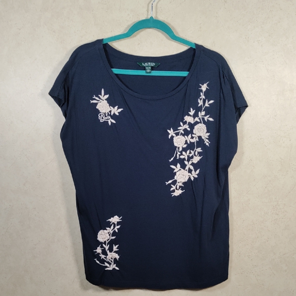 *D183 Lauren Ralph Lauren navy knit top with floral embroidery XL CLEARANCE